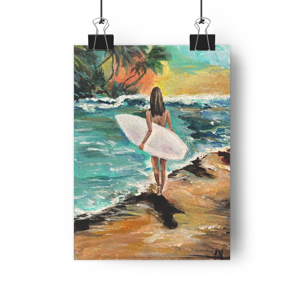 "Surfer Girl" Giclée Art Print by Janel Novak – Tropical Beach Wall Decor