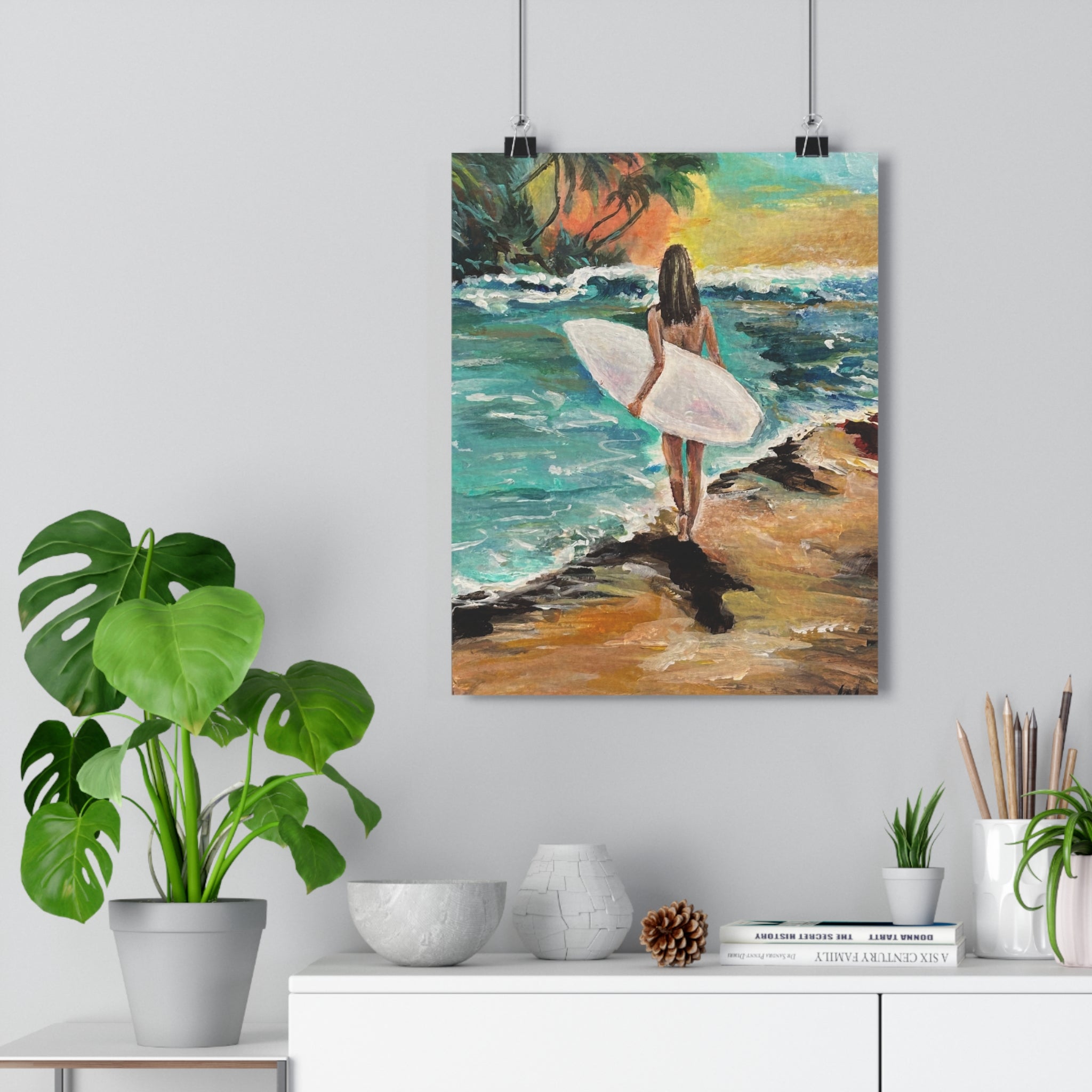 "Surfer Girl" Giclée Art Print by Janel Novak – Tropical Beach Wall Decor