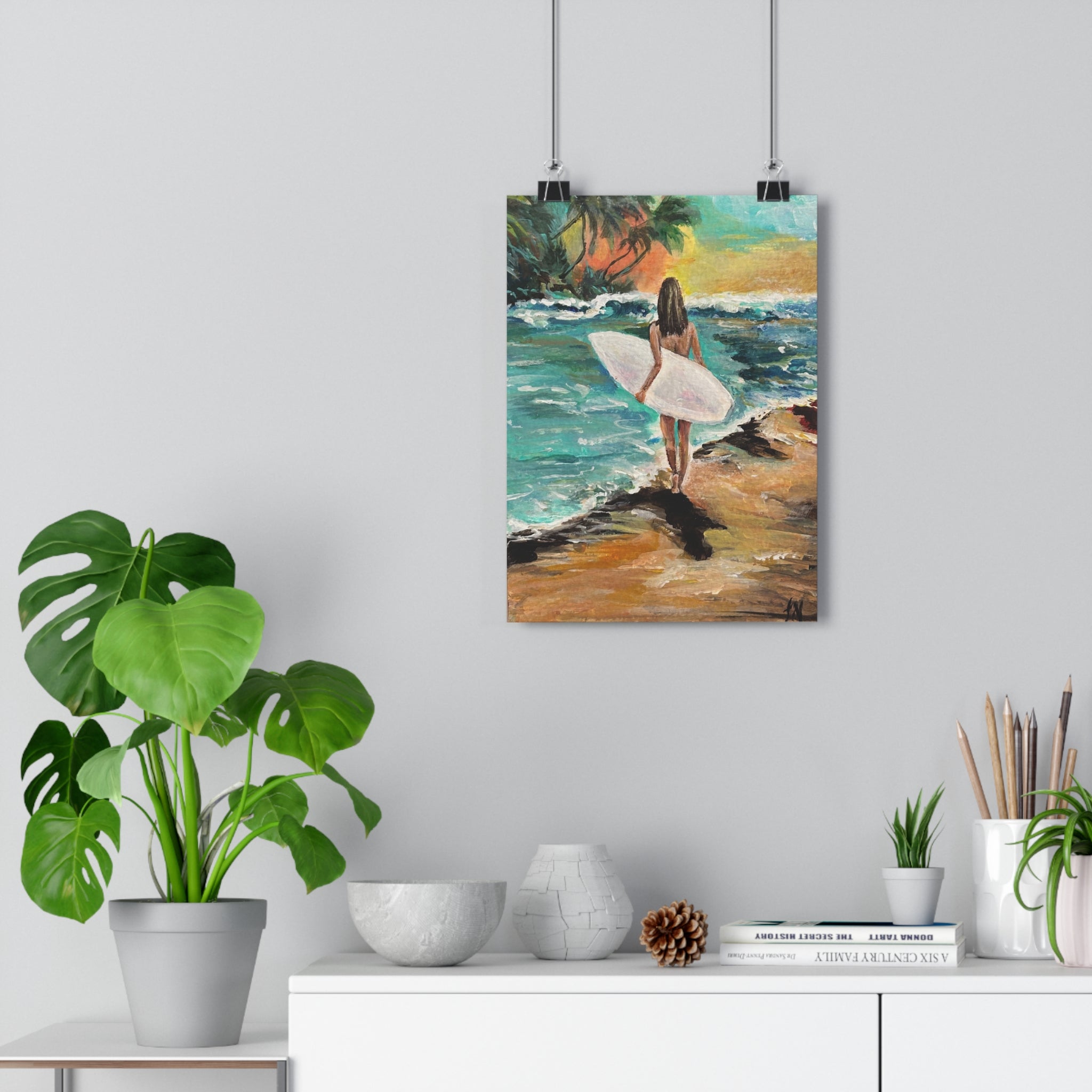"Surfer Girl" Giclée Art Print by Janel Novak – Tropical Beach Wall Decor
